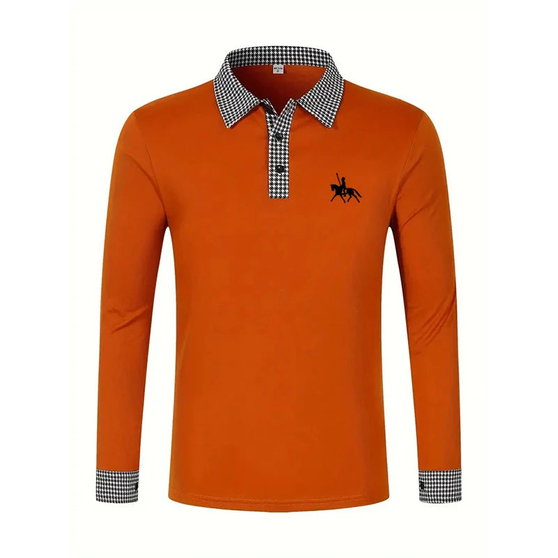 Men's Houndstooth Patchwork Long Sleeve Polo Shirt Classic Casual Business Tops Breathable Lightweight Knitwear for Spring Fall
