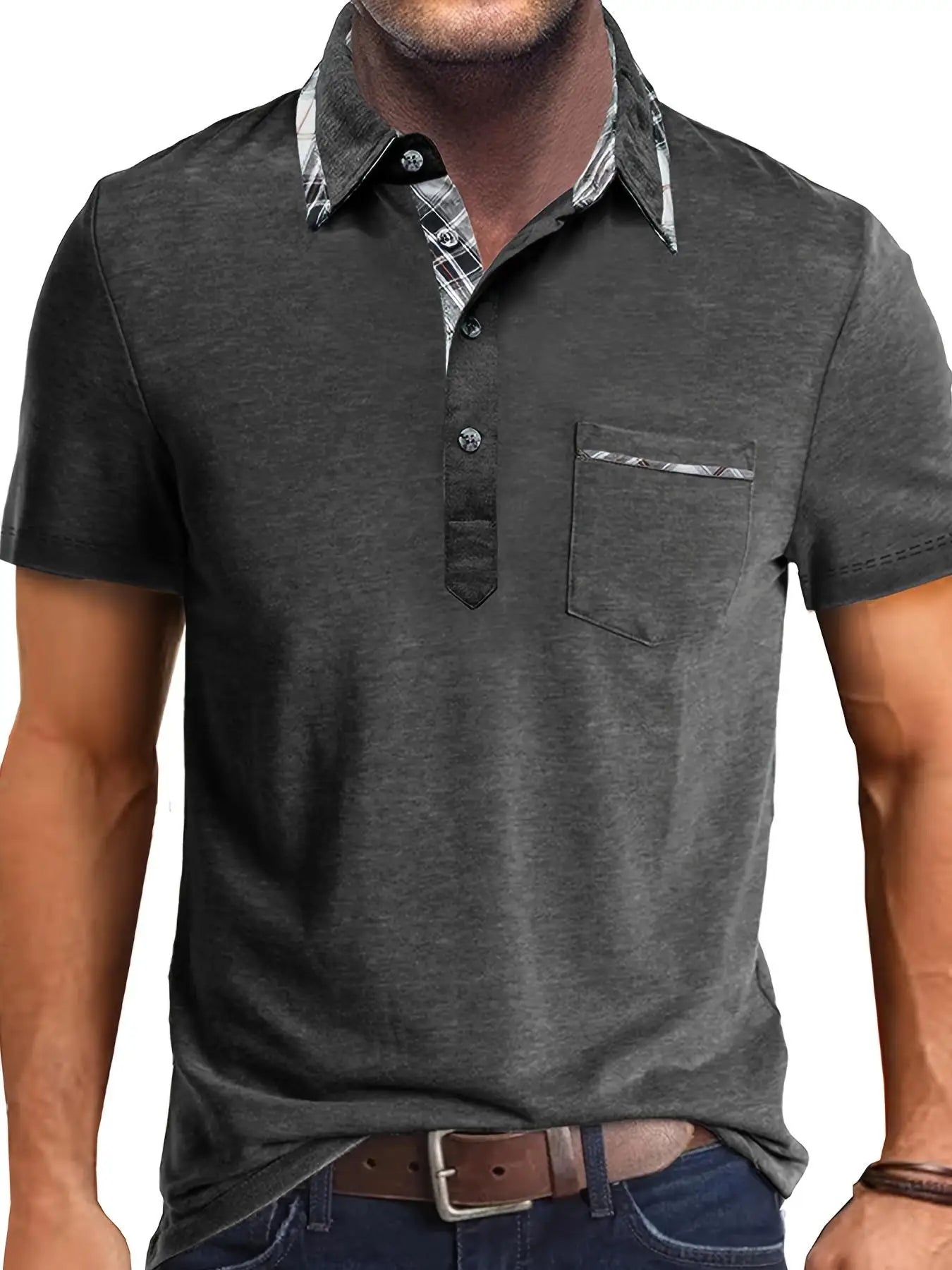 1XL-6XL Summer Plus Size Men's Short-Sleeve Polo Shirt Casual Solid Color Collared Pullover Henley Shirt with Pockets