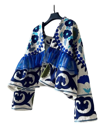 Unique Beautiful Early Spring Women's Blue Embroidered Open Cardigan Jaet Faionable Holiday Sle Commute Loose Fit Long ...