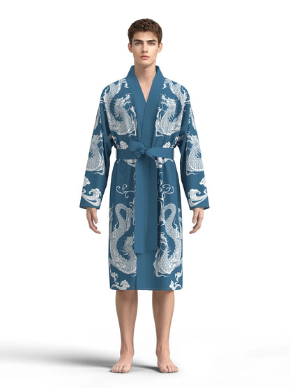 2025 Spring and Autumn New Men's Sleeping Robe Blue Dragon Totem Home Bathrobe Casual Long Sleeve Pajama Sleepwear Nightgown