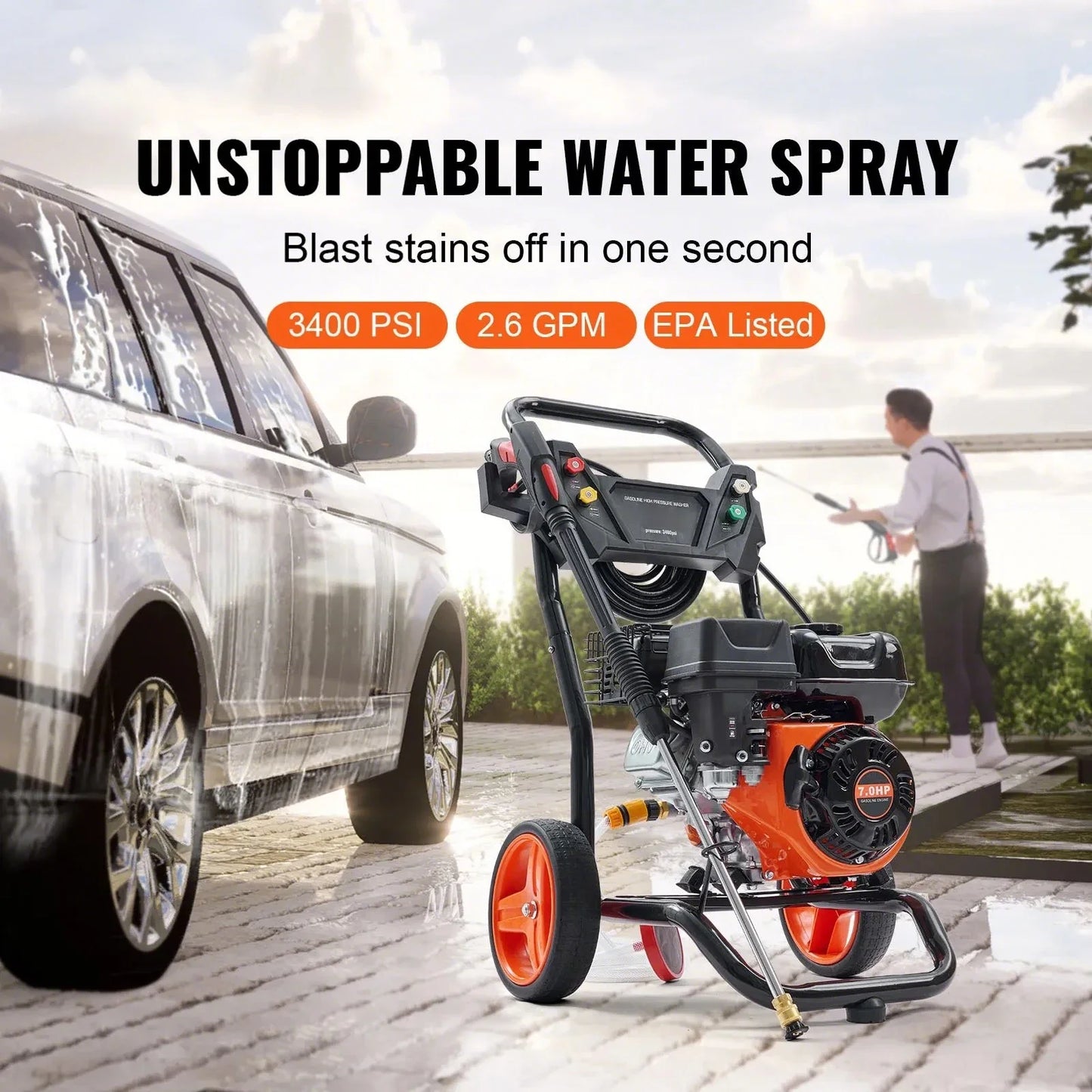 VEVOR Gas Pressure Washer, 3400 PSI 2.6 GPM, Gas Powered Pressure Washer with Aluminum Pump, Spray Gun and Extension Wand