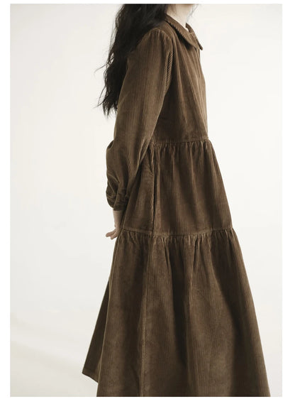 Japanese Style Long Sleeve Corduroy A-Line Dress Loose Slimming Simple Design Women's plus Size Dress Daily Wear Long Dress
