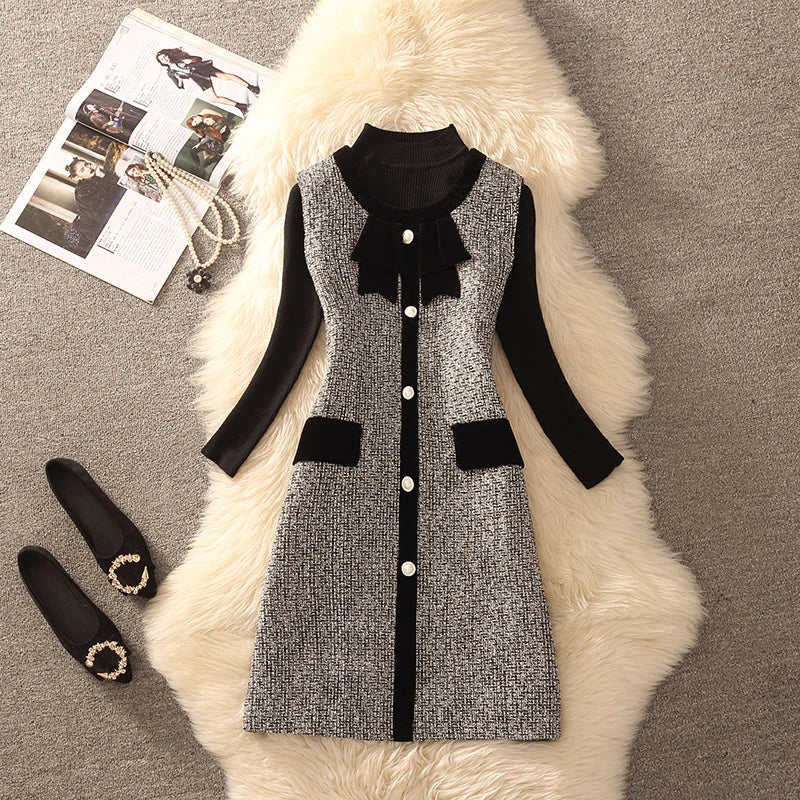 Spring Autumn Winter Tweed Color Block Vest Skirt Set  Knot Elegant Fashionable Two Piece Set Women's Luxury Style