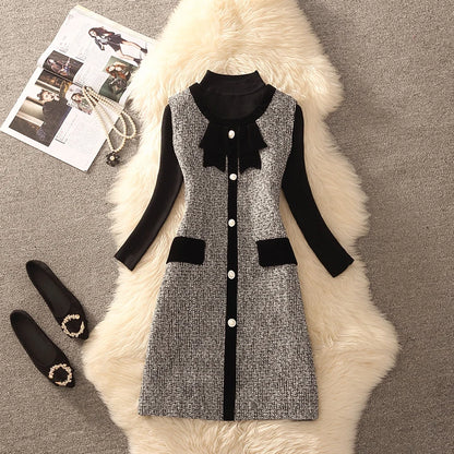 Spring Autumn Winter Tweed Color Block Vest Skirt Set  Knot Elegant Fashionable Two Piece Set Women's Luxury Style