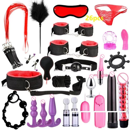 Erotic Sex Toys For Women Adults Games Nylon Bondage BDSM Kits Handcuffs Sex Whip Mouth Gag Rabbit Tail Anal Plug