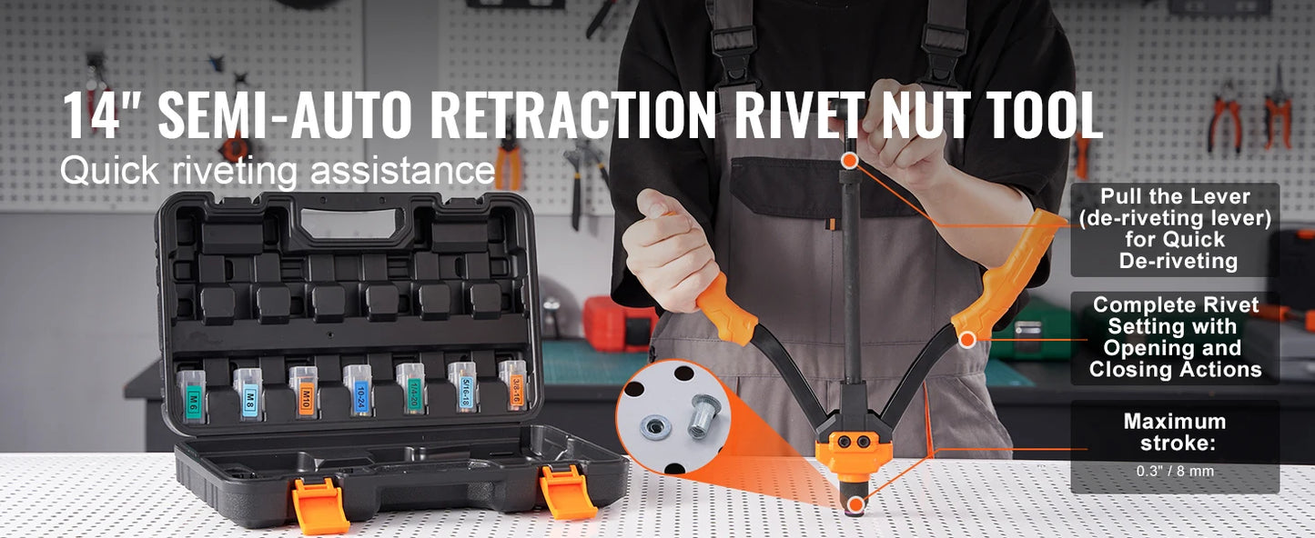 SucceBuy 14" 16" Rivet Nut Tool Rivnut Tool Kit with Metric and SAE Mandrels 70PCS/186PCS Rivet Nuts With Rugged Carrying Case