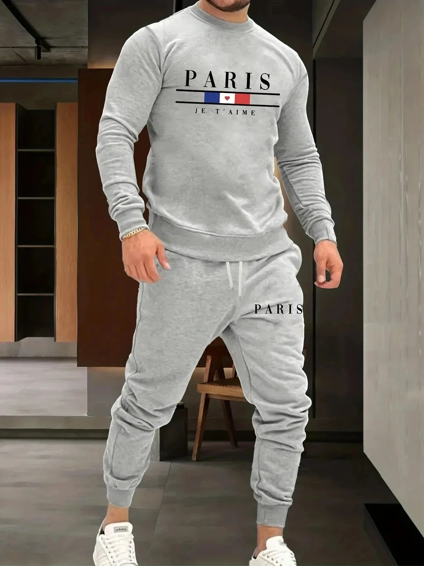 Autumn Winter 2-piece set 100_Cotton Printed Sweater round-neck sweatshirt Paris, France Print tapered pants Men's Oversized Y2K