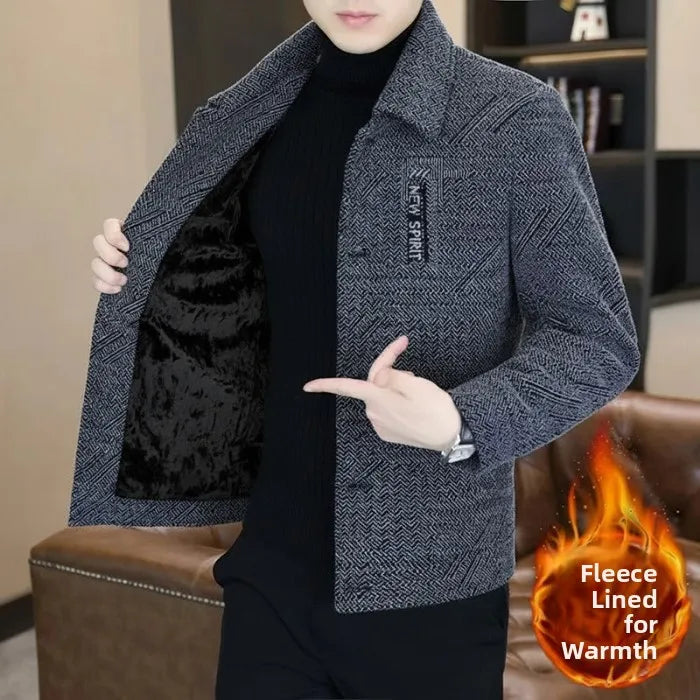 Thickened Fleece Men's Woolen Coat Casual Business Midlife Stand Collar Dad Jacket Autumn Winter Outerwear Standard Fit Long ...