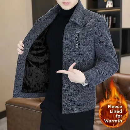 Thickened Fleece Men's Woolen Coat Casual Business Midlife Stand Collar Dad Jacket Autumn Winter Outerwear Standard Fit Long ...