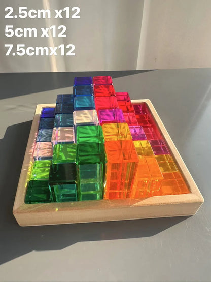 Wooden Building Blocks Set Stacking Castle Toys with Transparent Cubes Rainbow Timbers Trees Animals Giraffe for Kids