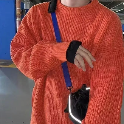 Autumn and winter loose shoulder sweater for young men Japanese retro pineapple needle jacquard lazy round neck knit sweater