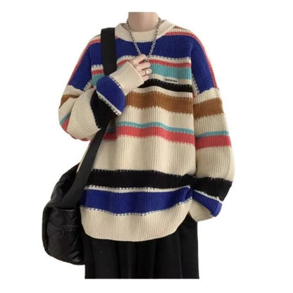 Men's autumn and winter knitted sweater jacket new style for teenagers, couple's sweater for boys, lazy and loose striped