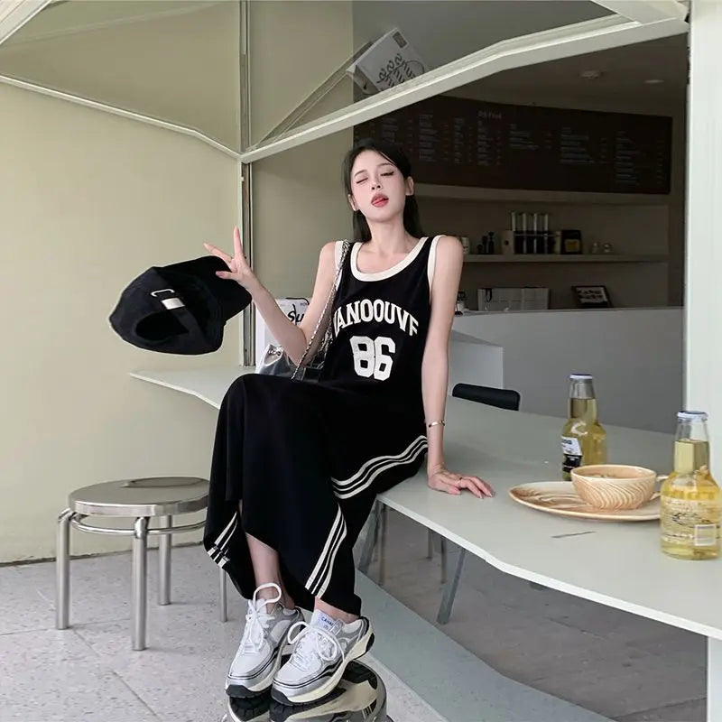plus Size Casual Korean Style Letter Print Sleeveless Dress Women's Summer Loose Meat Concealing Long Dress Straight Cut High...