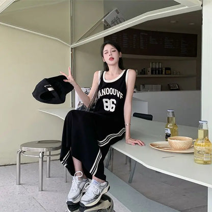 plus Size Casual Korean Style Letter Print Sleeveless Dress Women's Summer Loose Meat Concealing Long Dress Straight Cut High...