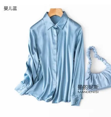 Luxury Satin silk shirt women's long sleeve 93% mulberry silk shirt commuter office lady style for Spring/Summer