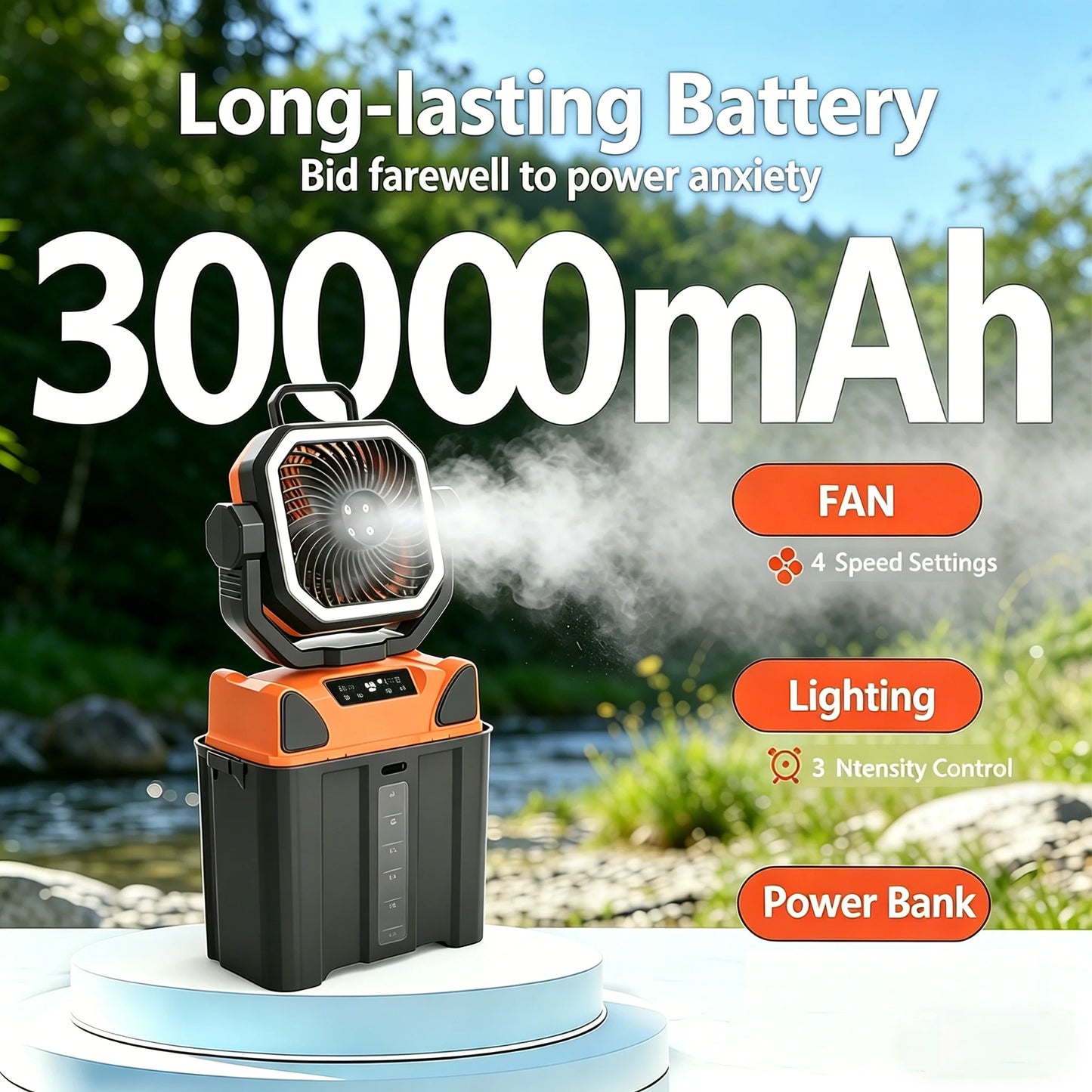 30000mAh Outdoor 6L Water Tank Spray Camping Fan with Remote Control Lighting 4 Gears Speed for Fishing Portable Electric Fan