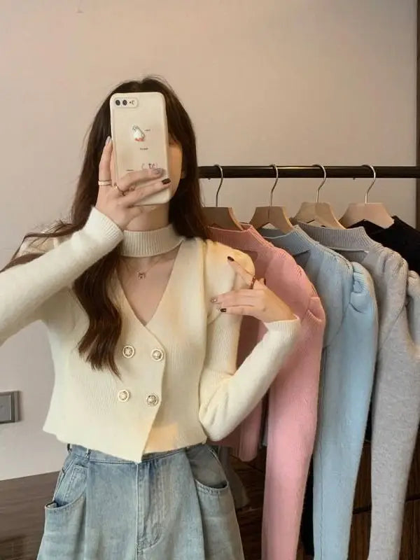 Elegant V-Neck Bubble Sleeve Knitwear Short Top Fashion Trend Neck Hanging Style Girl's French Style Slim Fit Long Sleeve Autumn