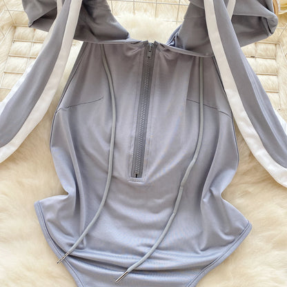 Cute Gray Rabbit Ear Hood Top Sexy Backless Slim Fit Bodysuit Zip Sleeveless Women Sexy Erotic Lingerie Bunny Cosplay Playsuit
