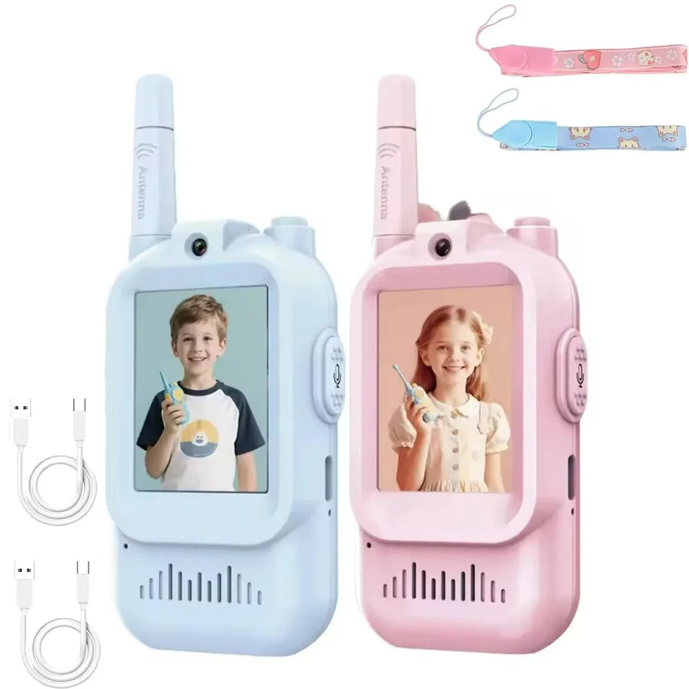 HD Screen Children's Video Intercom Long Range Cartoon Design Video Walkie Talkie 4 Voice Effects with Lanyards