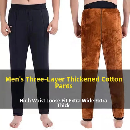 Men's Winter Thickened Fleece Lined Warm Trousers High Waist Camel down Three Layer Loose Anti-Cold Cotton Pants Long Pants