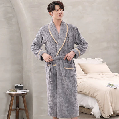 Men Sleepwear Robe Winter Flannel Thicken Terry Robe Male Long Sleeve Kimono Warm Bathrobe Home Wear Peignoir Men Robe