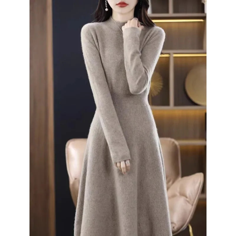 Women's Wool Knitted Mid-Length A-Line Dress Half High Collar Cashmere Base Dress Korean Style Commute Pure Color Winter Fashion