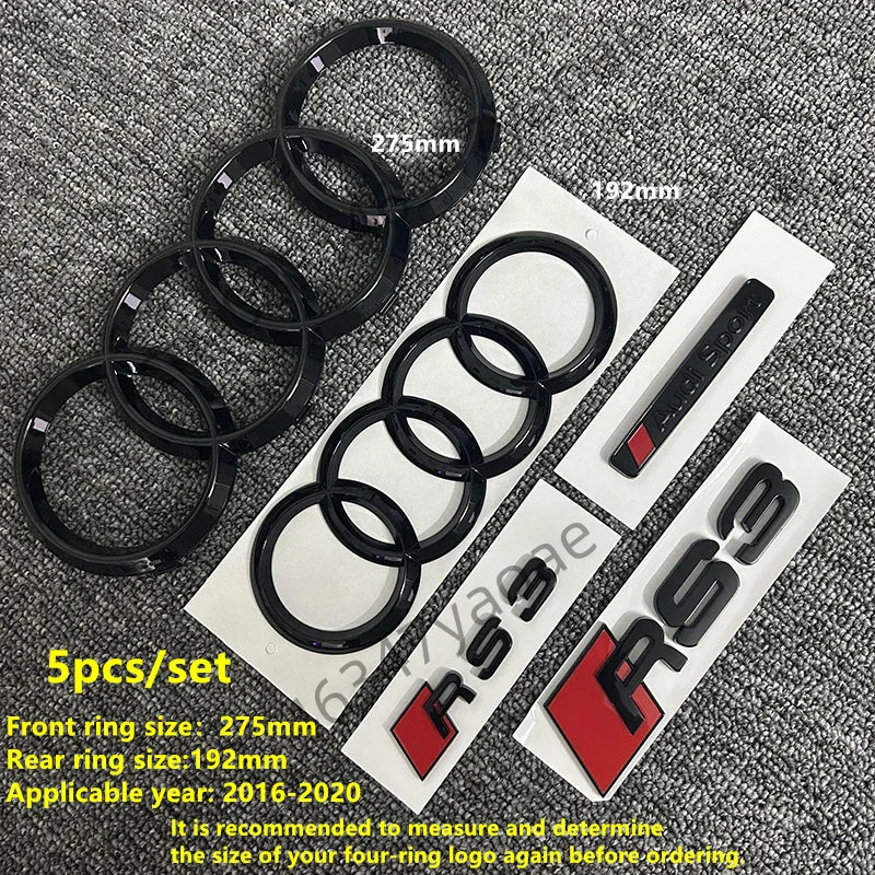 6/5Pcs 4Ring ABS Car Hood Front Grill Rear Trunk Emblem Stickers For Audi A3 A4 A5 A6 A7 Q2 Q3 Q5 Q8 S3 S4 S5 S6 RS3 RS4 RS5 RS6