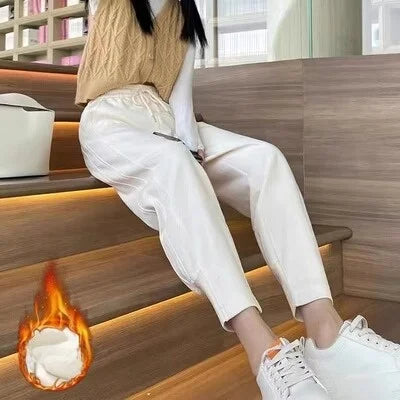 Women's Fleece Lined Harlan Pants Casual Loose Trousers Autumn Winter High Waist Long Pants Commute Style Korean Fashion