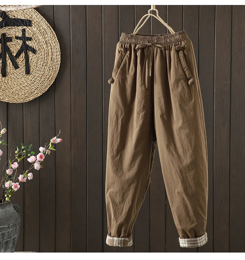 Retro  Color Cotton Filled Casual Loose Harem Pants Small Footed Trousers Winter Outerwear for Women plus Size