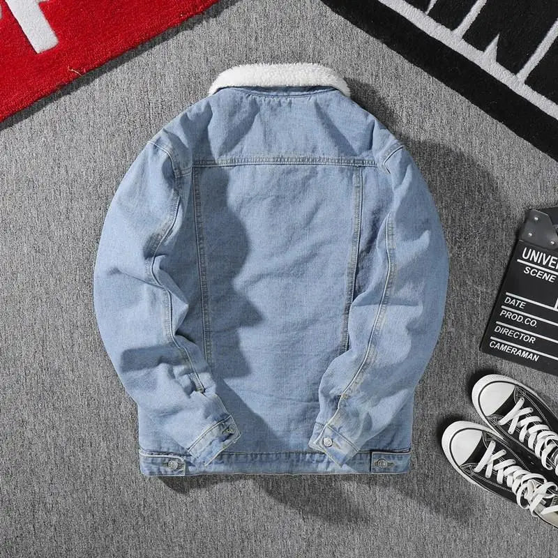 Men's Denim Jacket Fleece Lined Thickened Lamb Fur Collar Cotton Jacket Korean Loose Style Warm Cotton Coat Winter Outerwear