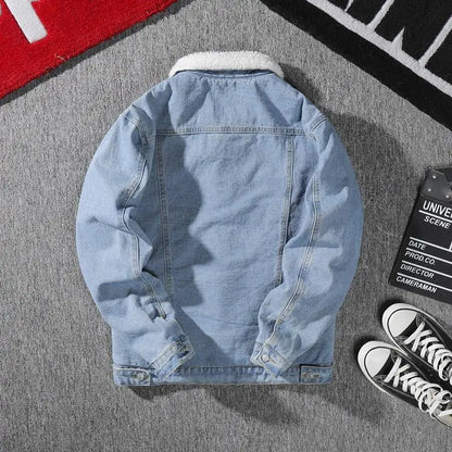Men's Denim Jacket Fleece Lined Thickened Lamb Fur Collar Cotton Jacket Korean Loose Style Warm Cotton Coat Winter Outerwear
