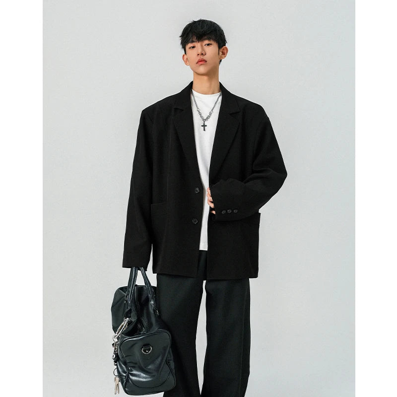 Mens Oversized Blazer Jacket Korean Streetwear Loose Fit Casual Suit Coat City Boy Spliced Outerwear Y2K Baggy Clothes K-Fashion