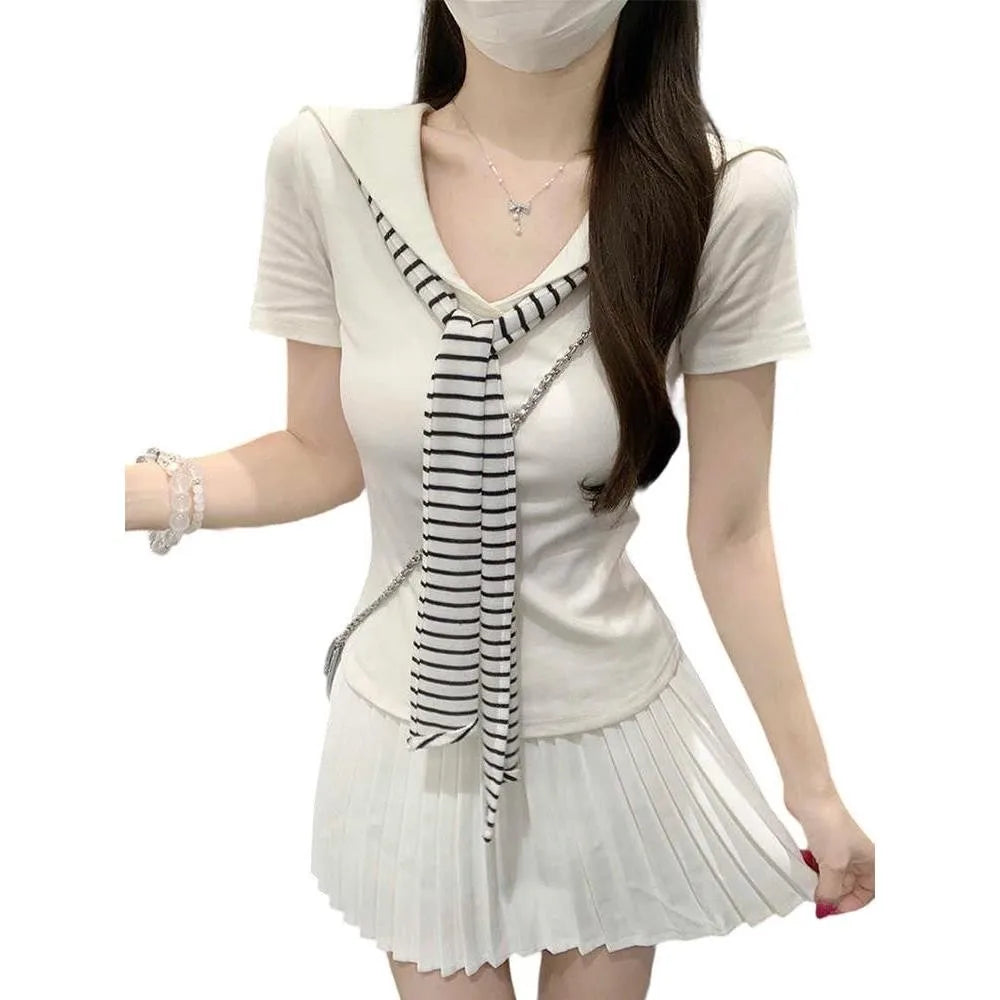 WASSUP Simple V-Neck Short Sleeve T-Shirt Women Summer Casual Slimming Navy Collar Top Korean Style Commute Fashion plus Size