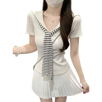 WASSUP Simple V-Neck Short Sleeve T-Shirt Women Summer Casual Slimming Navy Collar Top Korean Style Commute Fashion plus Size
