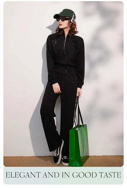 LOUIS YAO Women Two Pieces Set 2024 Autumn Stand Collar Long Sleeve Long Pants Set Sweatshirt Sporty Fashion Set