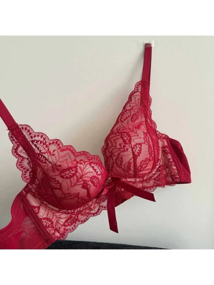 Top Selling Womens Wireless Bra Set French Lace Bow Contrast Color Push Up Thick Padded No Gap Everyday Lingerie For Small Chest