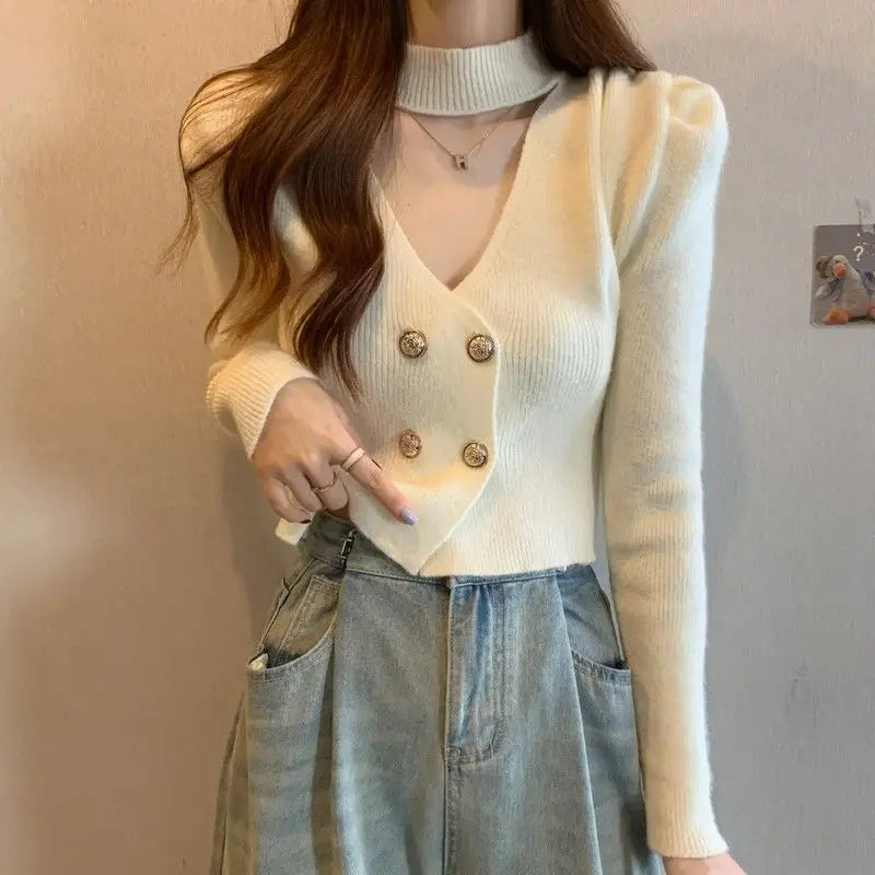 Elegant V-Neck Bubble Sleeve Knitwear Short Top Fashion Trend Neck Hanging Style Girl's French Style Slim Fit Long Sleeve Autumn