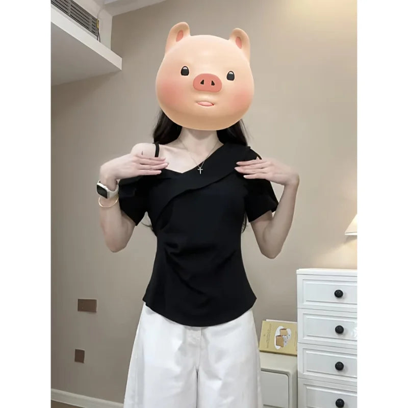 plus Size Slim Fit Short Sleeve Cross Neck Shoulder Bared T-Shirt Casual Style Versatile Summer New Arrival Women's Top