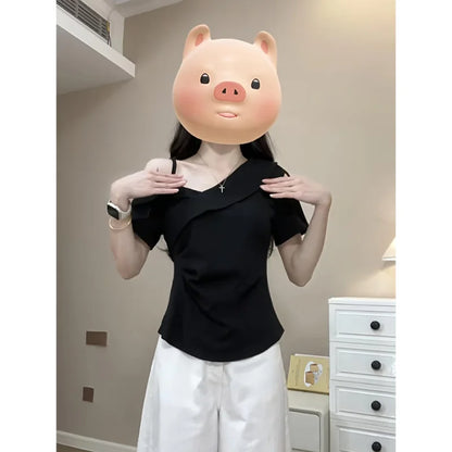 plus Size Slim Fit Short Sleeve Cross Neck Shoulder Bared T-Shirt Casual Style Versatile Summer New Arrival Women's Top