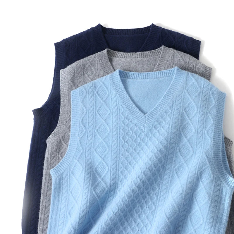 Autumn and winter new 100% pure wool men's V-neck sleeveless vest solid color fashion casual loose knit vest.