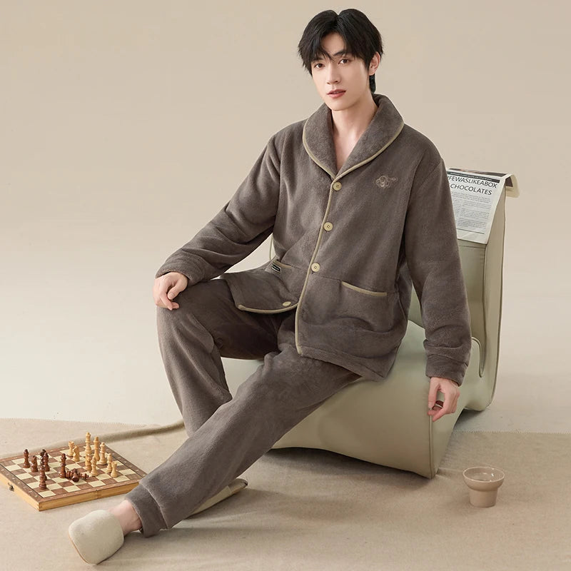 Winter Men Flannel Sleepwear MaleThick Warm Turn-down Collar Pijamas