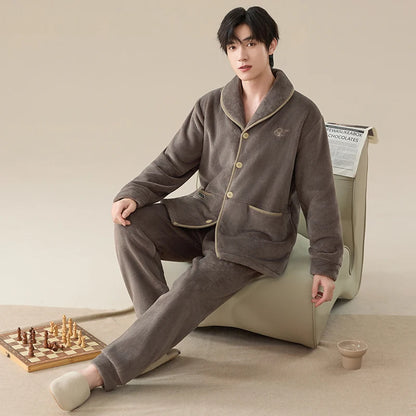 Winter Men Flannel Sleepwear MaleThick Warm Turn-down Collar Pijamas