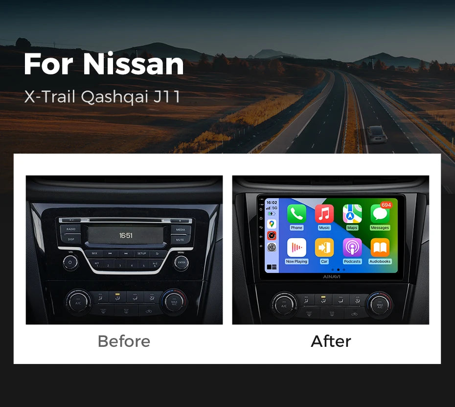 Ainavi Car Multimedia Player For Nissan X-Trail 3 T32 Qashqai J11 2 2014 2016 2018 2020 radio wireless Carplay Android Auto 2din
