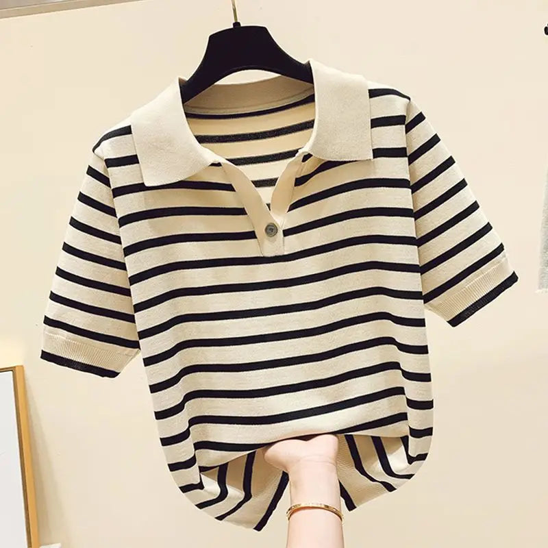 Loose Fit Ice Silk Knitted Short Sleeve T-Shirt Women's Summer Button up Top Slimming Striped  Neck Design plus Size