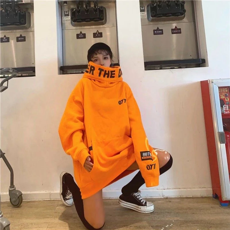 Autumn Winter New High Neck Loose Fit Long Sleeve Hoodie Women's Trendy Orange CEC Long Hooded Sweatshirt Comfortable Cotton