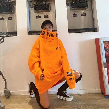 Autumn Winter New High Neck Loose Fit Long Sleeve Hoodie Women's Trendy Orange CEC Long Hooded Sweatshirt Comfortable Cotton