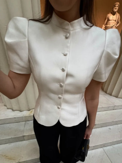 Women's Elegant Puff Sleeve Blouse Stand Collar Single-breasted Fitted Peplum Top Female Office Formal Occasions Cozy Clothes