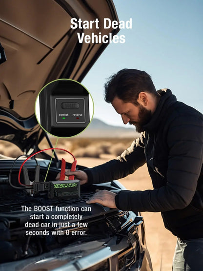 YESPER 1500A Car Jump Starter——0.7lb Mini Portable, Built-in 12000mAh, Power Bank Function, for 7.0L Gas/5.5L Diesel