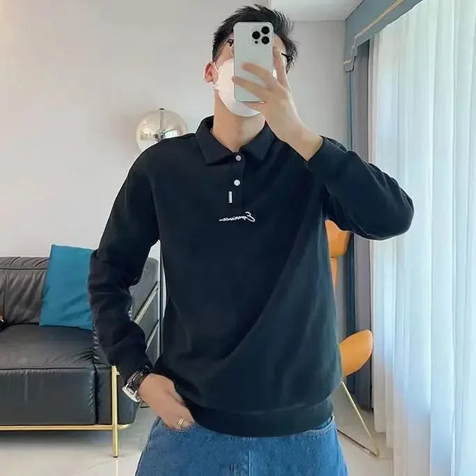 Korean Autumn New Polo T Shirt for Men 100℅ Cotton Pullovers Elasticity Social Xl Cheap Clothes Long Sleeve Xxl Man Sweatshirt