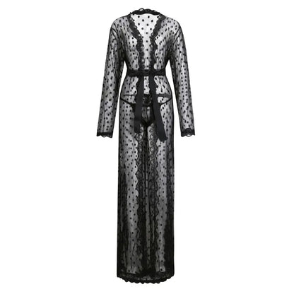 Men Robe Long Sleeves Bathrobe Kimono Mens Pajamas Lace See-through Bathrobe Night Dressing Gown With Jockstrap Thong Set